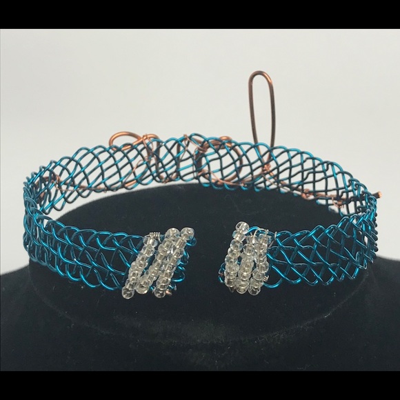 Teal Kumihimo Woven Wire Braid Cuff Love Bracelet - Picture 3 of 7